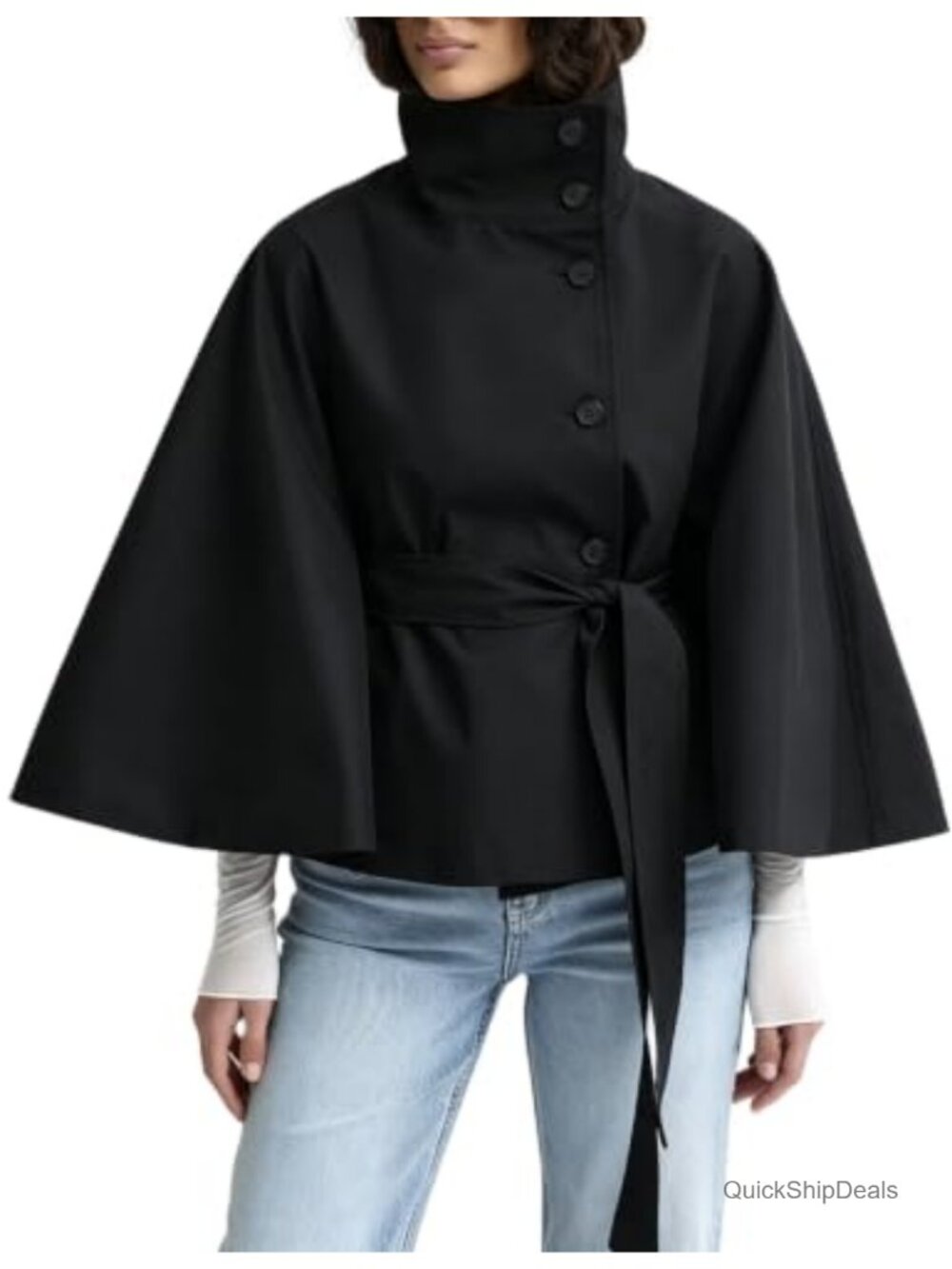 Womens Cape Trench Jacket Funnel Neck Belted Short Coat 100% Polyester